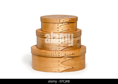 Collection of three hand-crafted shaker boxes.  Stacked and isolated on white. Stock Photo