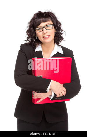 Cheerful senior business woman with folder, isolated on white Stock Photo