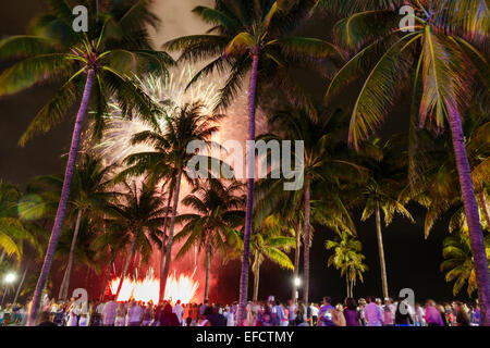 Miami Beach Florida,Ocean Drive,New Year's Eve,night evening,fireworks display sale exploding,Lummus Park,FL150101018 Stock Photo