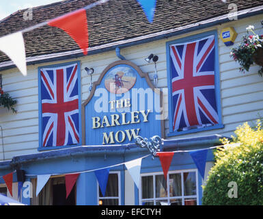 18th century Barley Mow pub with bunting, The Green, Englefield Green, Surrey, England, United Kingdom Stock Photo