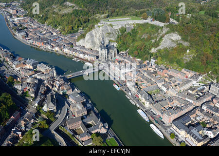 AERIAL VIEW. City of Dinant on the banks of the Meuse River. Namur Province, Wallonia, Belgium.
