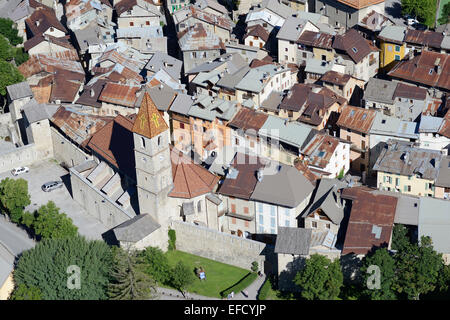 AERIAL VIEW. Medieval town of Colmars-les-Alpes. Verdon Valley, Alpes-de-Haute-Provence, France. Stock Photo