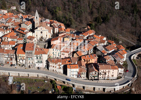 AERIAL VIEW. Medieval town at the confluence of the Vésubie and the Boréon rivers in the winter. Saint-Martin-Vésubie, Alpes-Maritimes, France. Stock Photo
