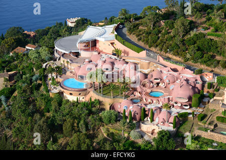 AERIAL VIEW. Palais Bulles overlooking the Mediterranean Sea. Théoule-sur-Mer, Estérel Massif, Alpes-Maritimes, French Riviera, France. Stock Photo