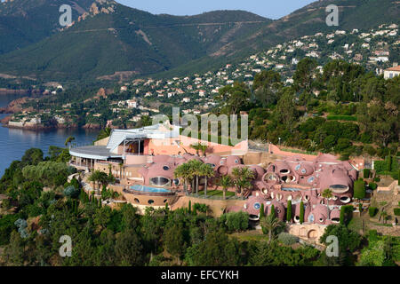AERIAL VIEW. Palais Bulles overlooking the Mediterranean Sea. Théoule-sur-Mer, Estérel Massif, Alpes-Maritimes, French Riviera, France. Stock Photo