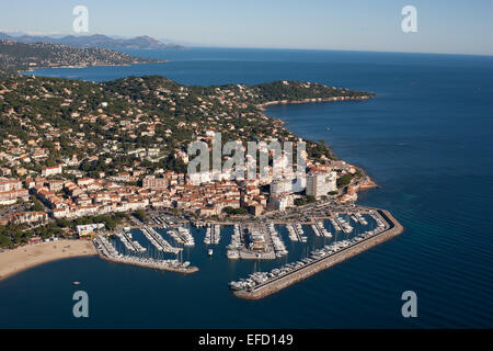 AERIAL VIEW. Seaside resort of Sainte-Maxime and its marina. Var, French Riviera, France. Stock Photo