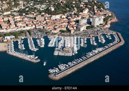 AERIAL VIEW. Seaside resort of Sainte-Maxime and its marina. Var, French Riviera, France. Stock Photo