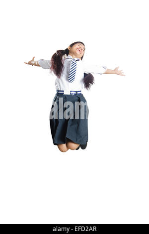 1 indian girl school student Jumping Stock Photo