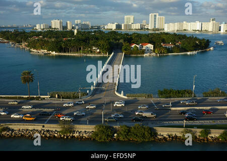 Aerial view of MacArthur Causeway,  Star Island and Miami Beach on the background, Miami, Florida, USA Stock Photo