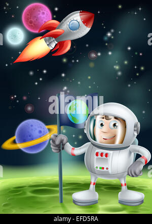 Cartoon illustration of an astronaut planting a flag on an alien world planet with a space rocket flying in the background Stock Photo