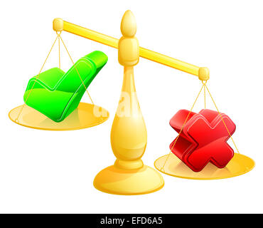 Choosing no concept of a scales with a cross on one side and a tick on the other, the cross outweighing the tick Stock Photo