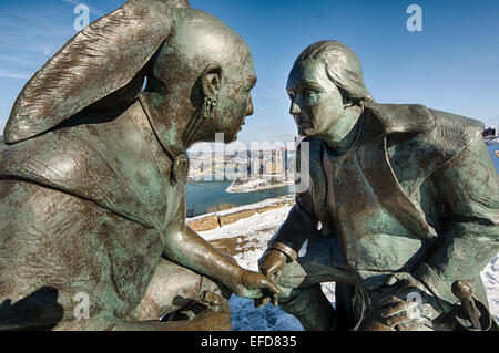 'Point of View' is a bronze sculpture by artist James  West that sits in Point of View Park atop Mt. Washington, Pittsburgh, PA. Stock Photo