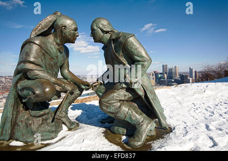 'Point of View' is a bronze sculpture by artist James  West that sits in Point of View Park atop Mt. Washington, Pittsburgh, PA. Stock Photo