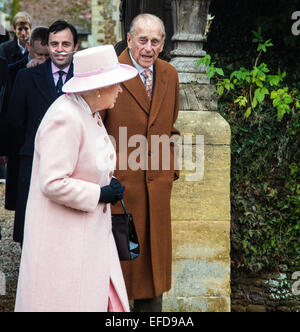 West Newton, Norfolk. 1st Feb, 2015. HM Queen Elizabeth II attends the morning service at West Newton. A small crowd of well wishers were there to see the Queen and Prince Philip. Credit:  Ian Ward/Alamy Live News Stock Photo