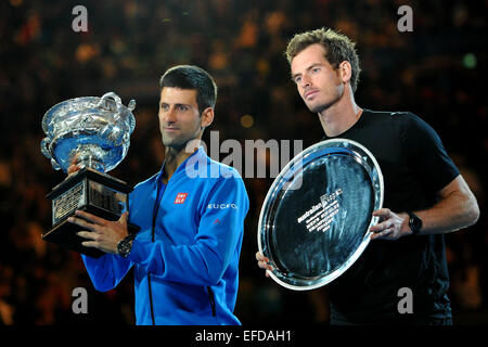 Melbourne, Australia. 01st Feb, 2015. Novak Djokovic of Serbia and Andy Murray with their trophies after the mens singles final match at 2015 Australian Open tennis tournament at Melbourne Park in Melbourne, Australia on Feb. 1, 2015. Djokovic won the final in 4 sets 7-6 (7-5) 6-7 (4-7) 6-3 6-0 Credit:  Action Plus Sports/Alamy Live News Stock Photo