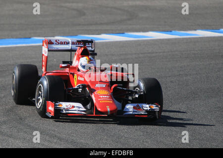 Jerez, Spain. 1st Feb, 2015. Scuderia Ferrari driver Sebastian Vettel on Day 1 at the Jerez circuit Credit:  Action Plus Sports/Alamy Live News Stock Photo