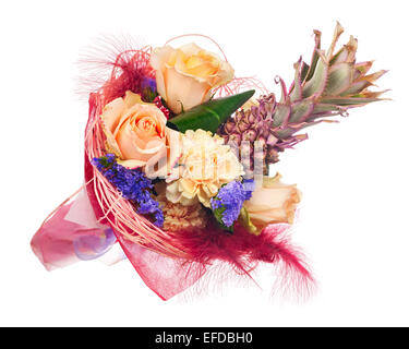 Beautiful bouquet of roses, carnations, decorative pineapple and other flowers in red  package isolated on white background. Stock Photo