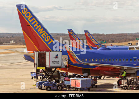 Southwest Airlines Boeing 737 aircraft line up at the gate in Memphis, TN. Stock Photo