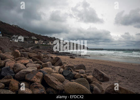 Sennen cove shot on a winters day with a storm approaching. Stock Photo