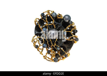 golden brooch with pearls and diamonds Stock Photo