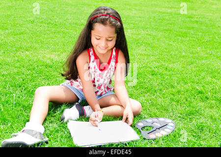 1 indian child girl Student park Drawing Stock Photo