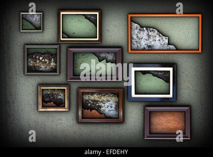 abstract interior art backdrop with wood frames on green wall containing weathered textures Stock Photo