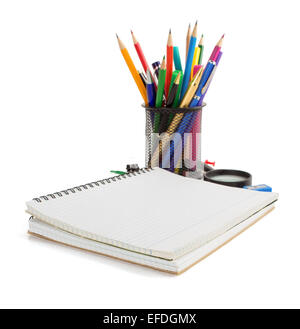 notebook and school supplies isolated on white background Stock Photo