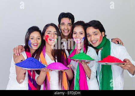 indian friends group Holi Festival Greeting Stock Photo