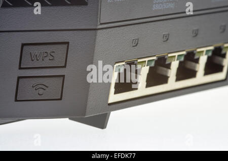 Internet gateway ports and button, close up image Stock Photo
