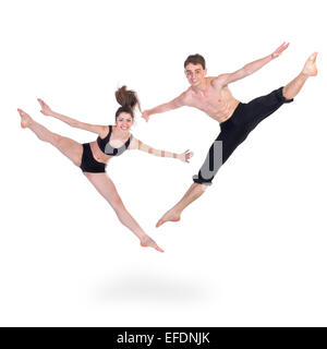 couple man and woman exercising fitness jumping on white background Stock Photo