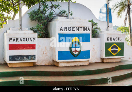 Monument in Puerto Iguazú, Argentina, a tourist attraction marking the triple frontier (three frontiers) of Argentina, Brazil and Paraguay Stock Photo