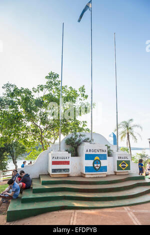 Monument in Puerto Iguazú marking the triple frontier of Argentina, Brazil and Paraguay Stock Photo