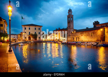 Low Angle View of a Harbor at Night, Lazise, Lake Garda, Lombardy, Italy Stock Photo