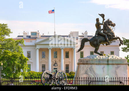 The White House Washington DC. Equestrian statue of Andrew Jackson in Lafayette Square and the North Portico Stock Photo