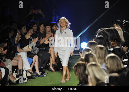 Designer Anna Molinari acknowledges the audience at the end of the the Blugirl show as part of Milan Fashion Week 2015 Stock Photo