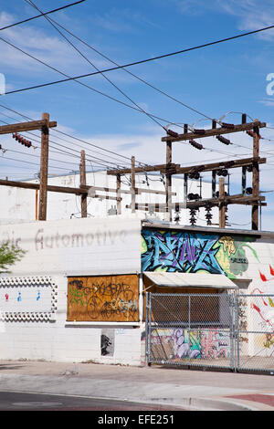 Urban downtown Las Vegas, 1st Street, graffiti, telephone cables, wires, Stock Photo