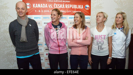 The Czech tennis team that will meet Canada in the first round of the Fed Cup next week will play without its best two players, Petra Kvitova and Lucie Safarova. The team´s captain Petr Pala (left to right) nominated Karolina Pliskova, Lucie Hradecka, Tereza Smitkova and Denisa Allertova for the matches played in Quebec City on February 7-8. Apart from Hradecka, none of the team has played the Fed Cup before. Pala said the team is 'good enough' to win in Canada. The Team attend a news conference in Prague, Czech Republic on Sunday, February 1st, 2015. (CTK Photo/Michal Dolezal) Stock Photo