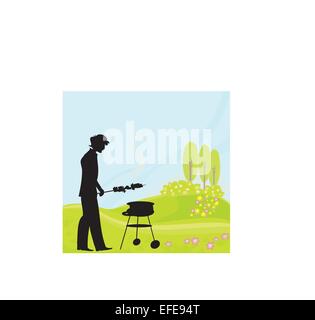 Barbecue Party Invitation with man silhouette grilling in the park Stock Vector