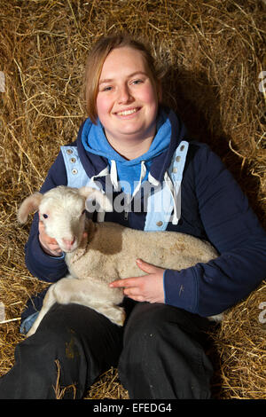 Blackpool, Lancashire, UK. 2nd February, 2015. Abi Harris, 18 with a two day old, British Milk winter born lamb, orphan at Parr’s Farm. The new born lambs at Farmer Parr’s Animal World are christened Keith and Colin. They were adopted from a local sheep farmer who had 2 orphan lambs, a just-born triplet that required bottle feeding. The farm park in Fleetwood sometimes takes in ‘pet’ lambs at this time of year so that visiting children can help to feed them.  Credit:  Mar Photographics/Alamy Live News Stock Photo