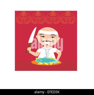 Japanese chef with knife and fish on a tray Stock Vector