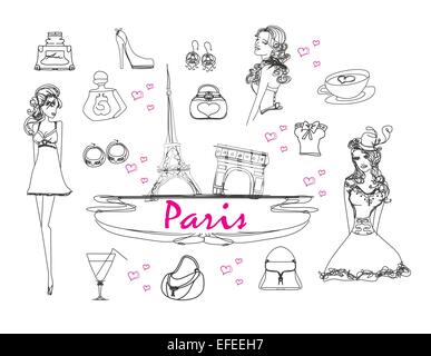 Paris doodles icons set Stock Vector
