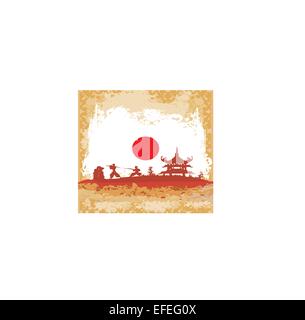 old paper with Samurai silhouette on abstract Japanese flag background Stock Vector