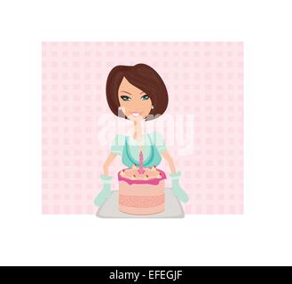 Beautiful lady with birthday cake on a tray Stock Vector