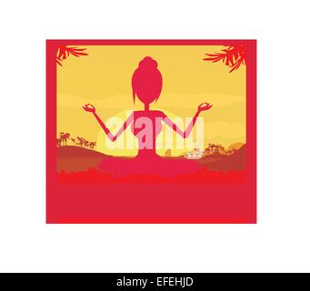Silhouette of a Girl in Yoga pose on Summer background with palm tree Stock Vector