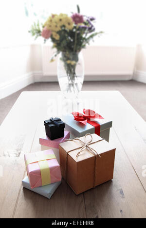 A pile of surprise gifts, perhaps birthday or Christmas presents Stock Photo