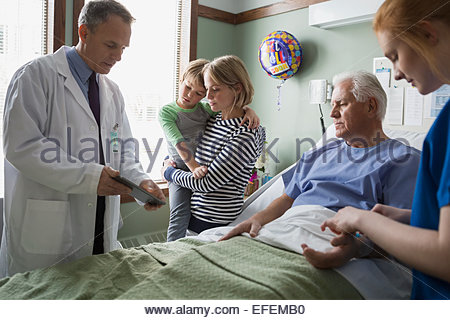 Doctor with digital tablet talking to family