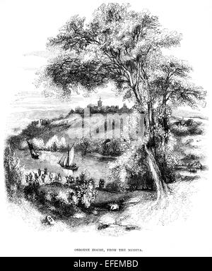 An engraving of The Isle of Wight, Osborne House from The Medina scanned at high resolution from a book printed in 1850. Stock Photo