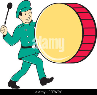 Illustration of a marching band brass band drummer beating drum viewed from side on isolated background done in cartoon style. Stock Photo