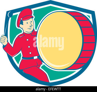 Illustration of a marching band brass band drummer beating drum viewed from side set inside shield on isolated background done in cartoon style. Stock Photo