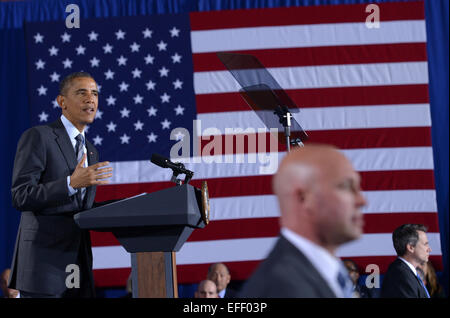 Washington, DC, USA. 2nd Feb, 2015. U.S. President Barack Obama delivers remarks on his proposal for budget for fiscal 2016 at the Department of Homeland Security in Washington, DC, the United States, on Feb. 2, 2015. President Barack Obama proposed a nearly 4 trillion US dollars budget for fiscal 2016 on Monday. Credit:  Yin Bogu/Xinhua/Alamy Live News Stock Photo